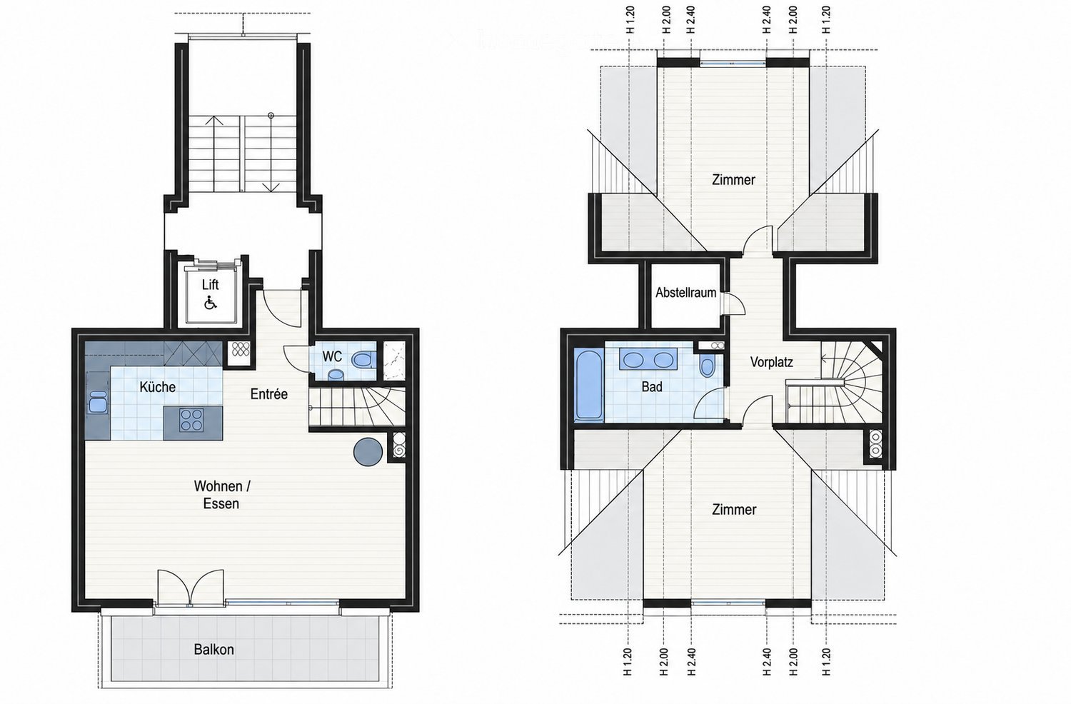Floor plan showing two apartment layouts: one with a kitchen, living/dining area, WC, entrance, balcony, and lift; the other with a bathroom, hallway, storage room, and bedroom.
