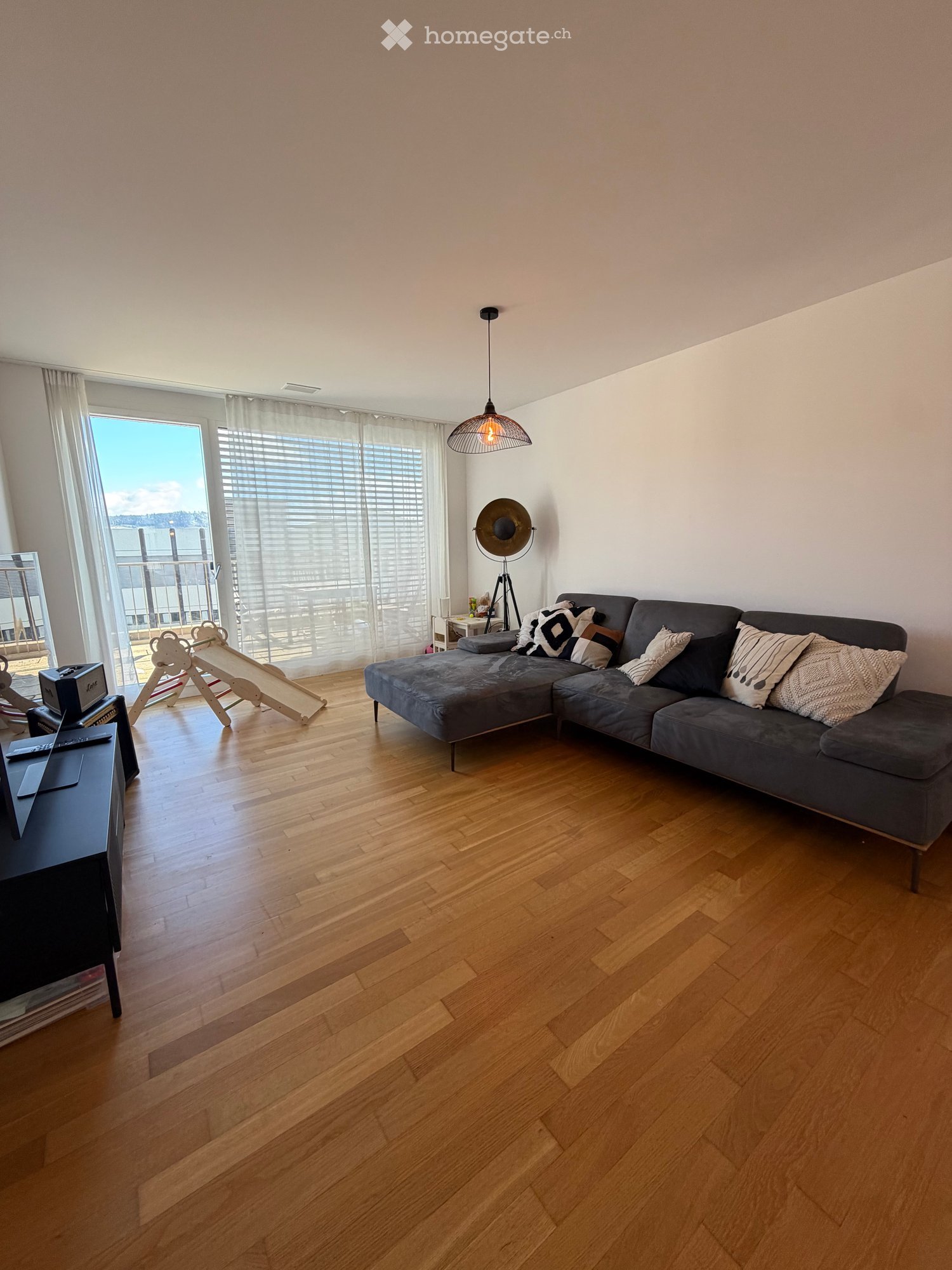 Modern living room with wooden flooring, large windows, and a balcony view. Features a grey sectional sofa, a small table, a floor lamp, a mirror, and a TV stand.