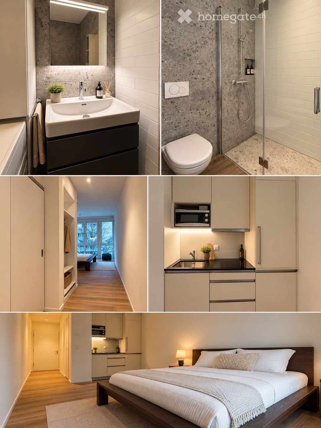 Modern, minimalist apartment featuring a bathroom with a sink, mirror, and shower, a compact kitchen with a microwave, and a cozy bedroom with a bed and nightstand.