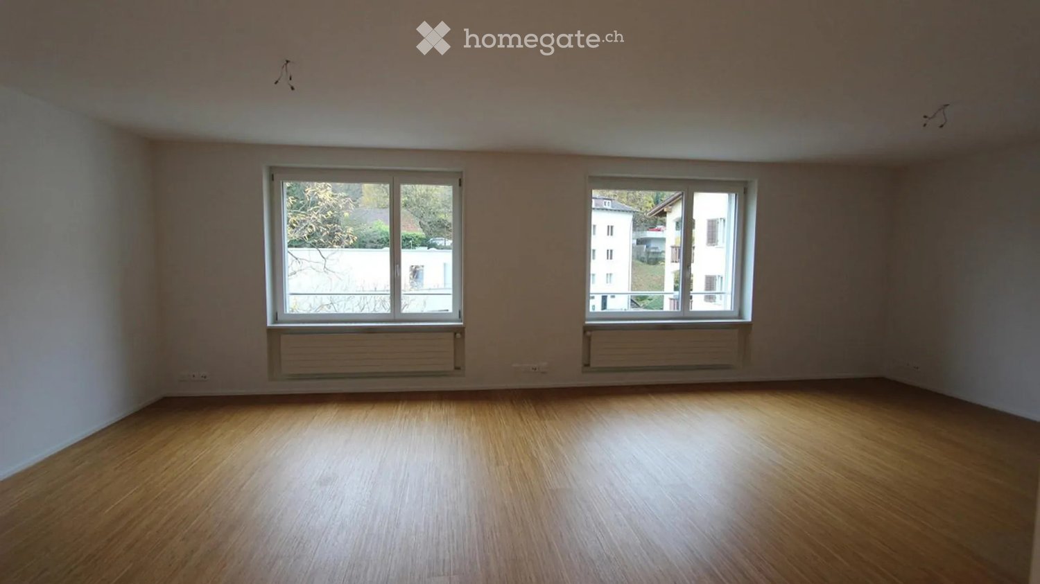 Empty room with wooden flooring, white walls, and two windows with radiators underneath. No furniture or equipment present.