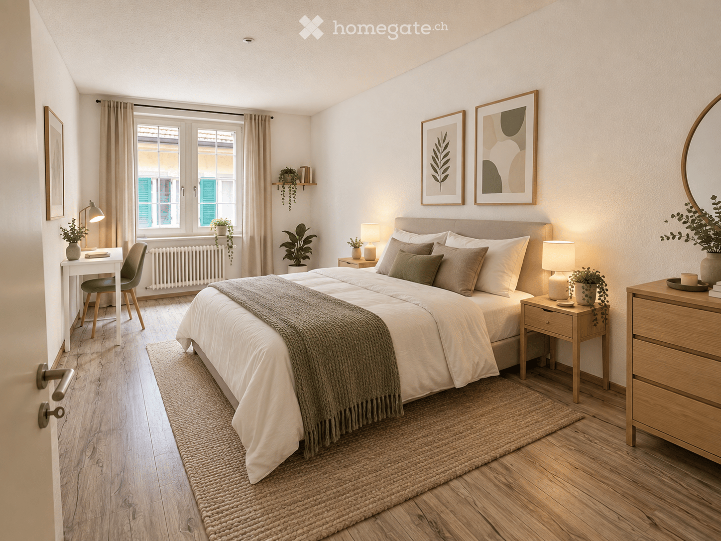 Cozy bedroom with a large bed, nightstands, lamps, a desk, chair, and decorative plants. The room features wooden flooring, a woven rug, and framed artwork on the walls.