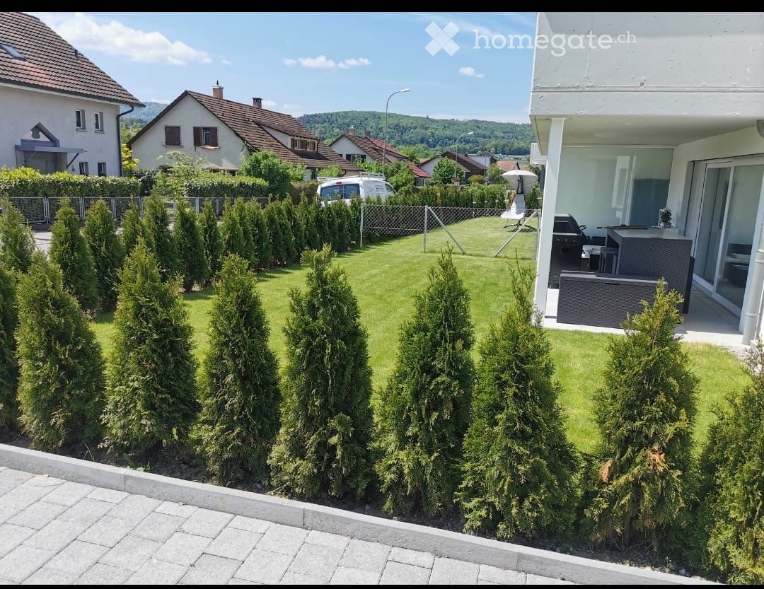 Well-maintained garden with neatly trimmed coniferous trees, a lawn, and a patio area with outdoor furniture, including a sofa and a table.