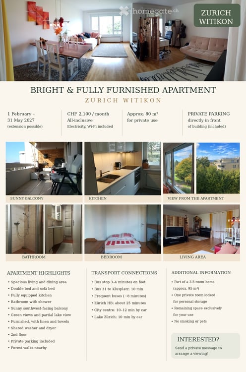 Helle & voll möblierte 2.5-Zimmer-Wohnung in Zürich Witikon (befristet 01.02.2027-31.05.2027) 2