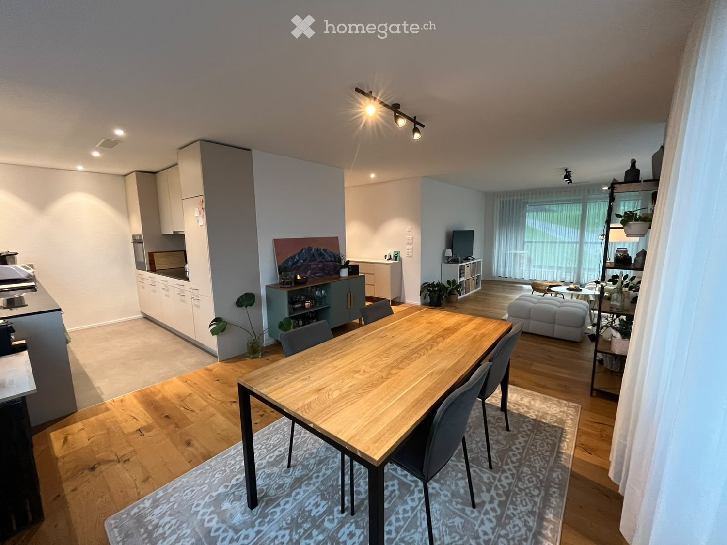 Open-plan living and dining area with wooden flooring, modern kitchen, dining table with chairs, sofa, TV, and decorative plants.