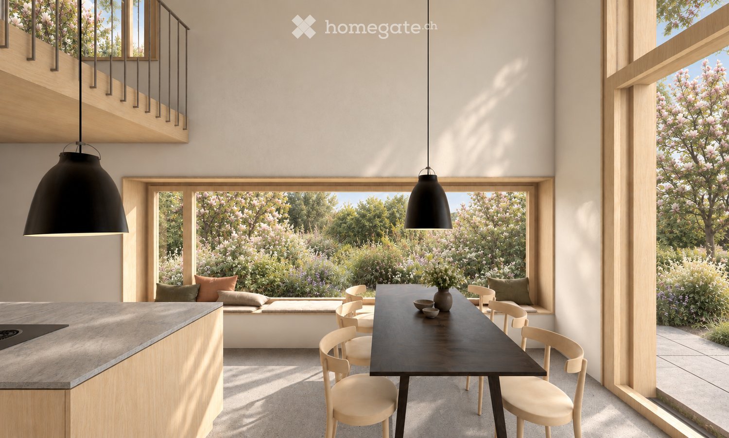 Bright, modern dining area with a dark wooden dining table, light-colored chairs, pendant lights, and a kitchen island. Large windows offer a view of a lush garden.
