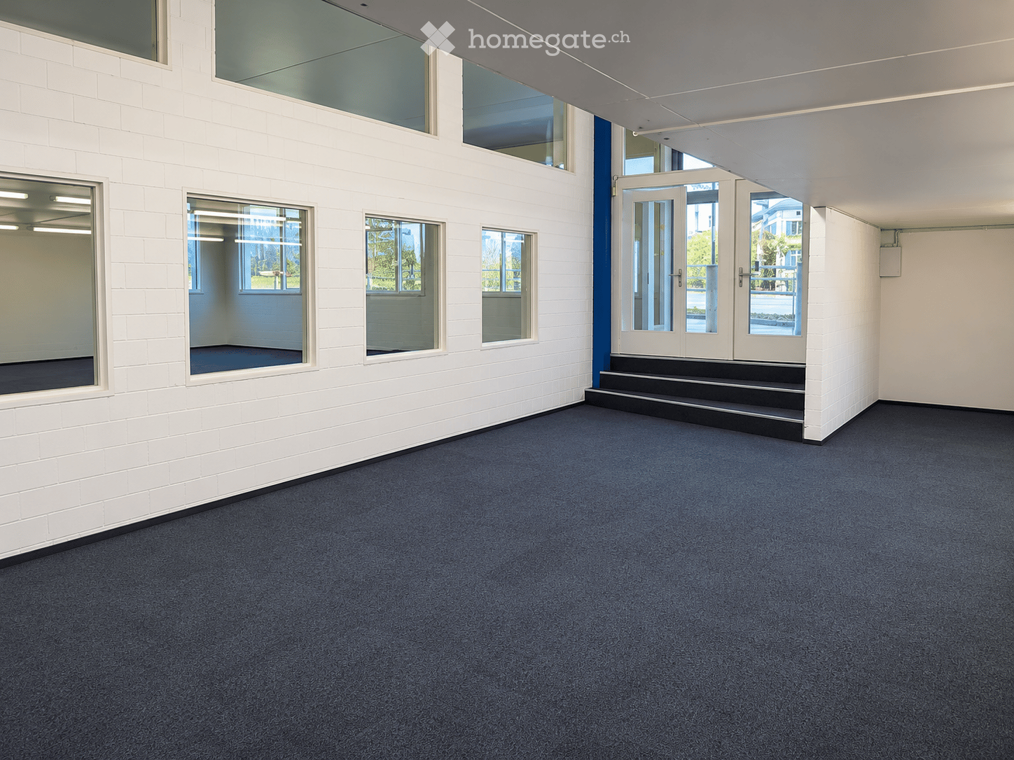 Empty room with white brick walls, blue carpet flooring, large windows, and a set of double doors leading outside.