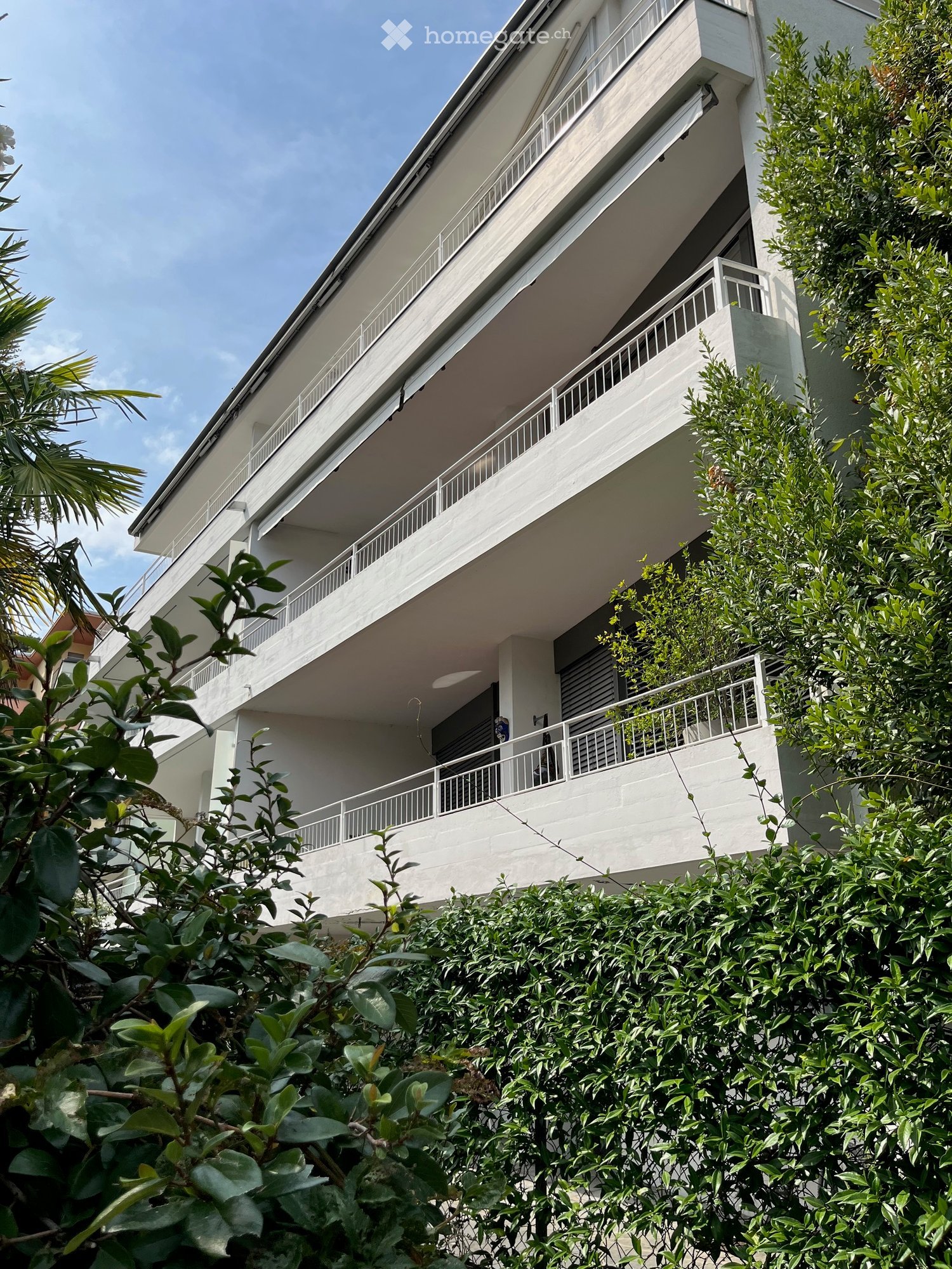 Modern multi-story building with white balconies and railings, surrounded by lush green foliage.