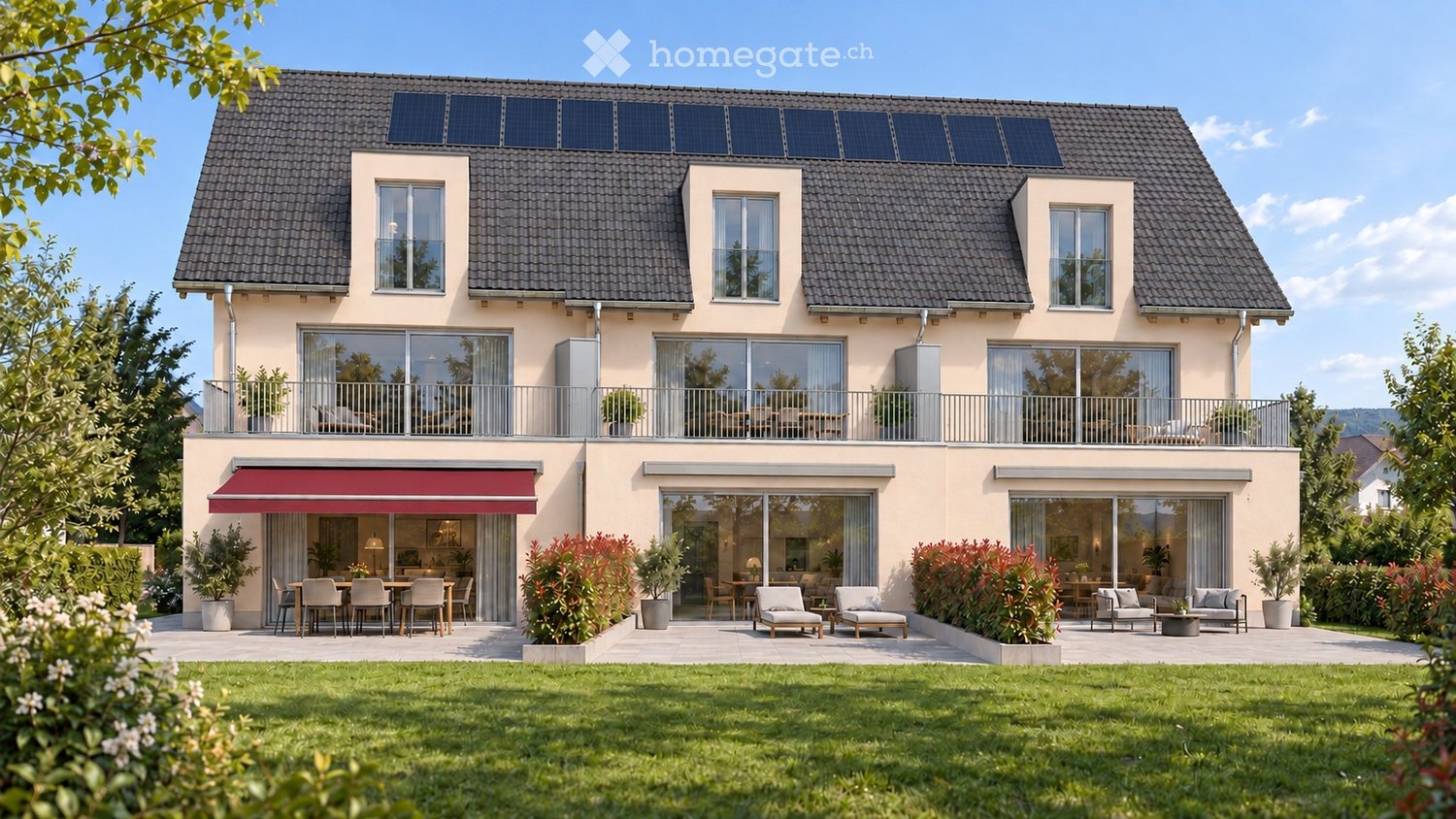 Two-story house with solar panels on the roof, large windows, and a spacious garden with outdoor seating and a dining area.
