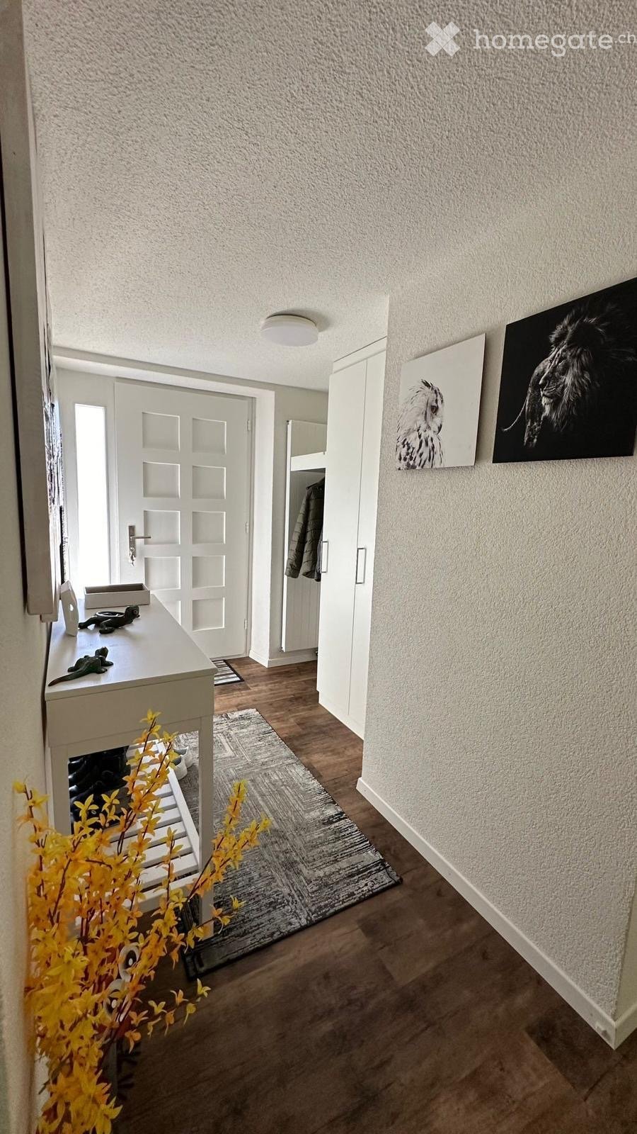 A modern hallway with light-colored walls, wooden flooring, and a small console table with a plant. There are two framed artworks on the wall and a door leading to another room.