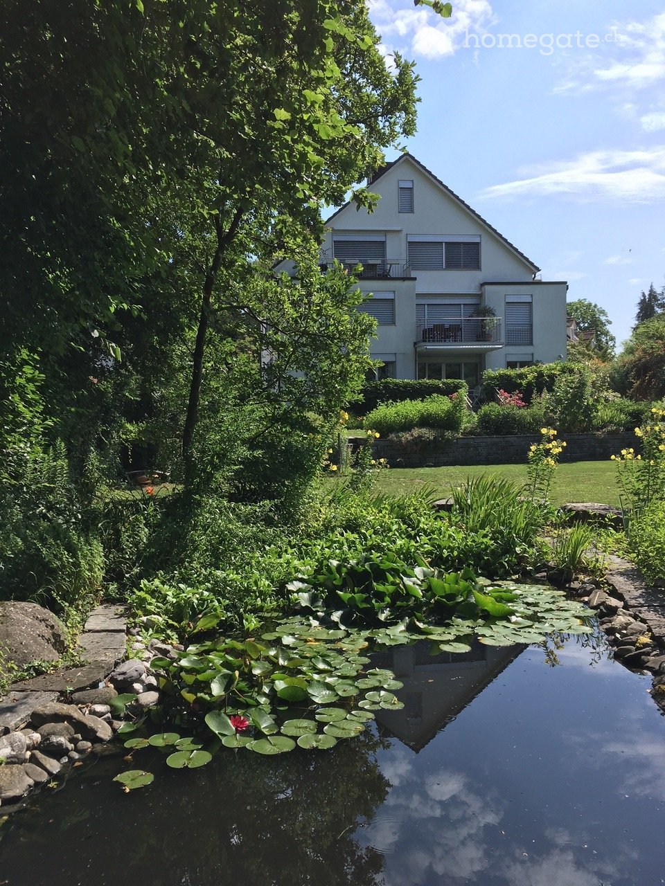 A serene garden with a pond featuring lily pads and a small flower, surrounded by lush greenery and a well-maintained lawn. A modern house with balconies is visible in the background.