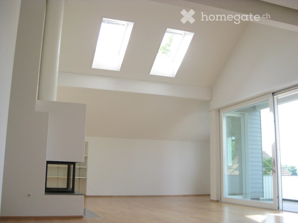 Bright, empty room with white walls, wooden floor, large skylights, and a modern fireplace. No furniture or equipment present.