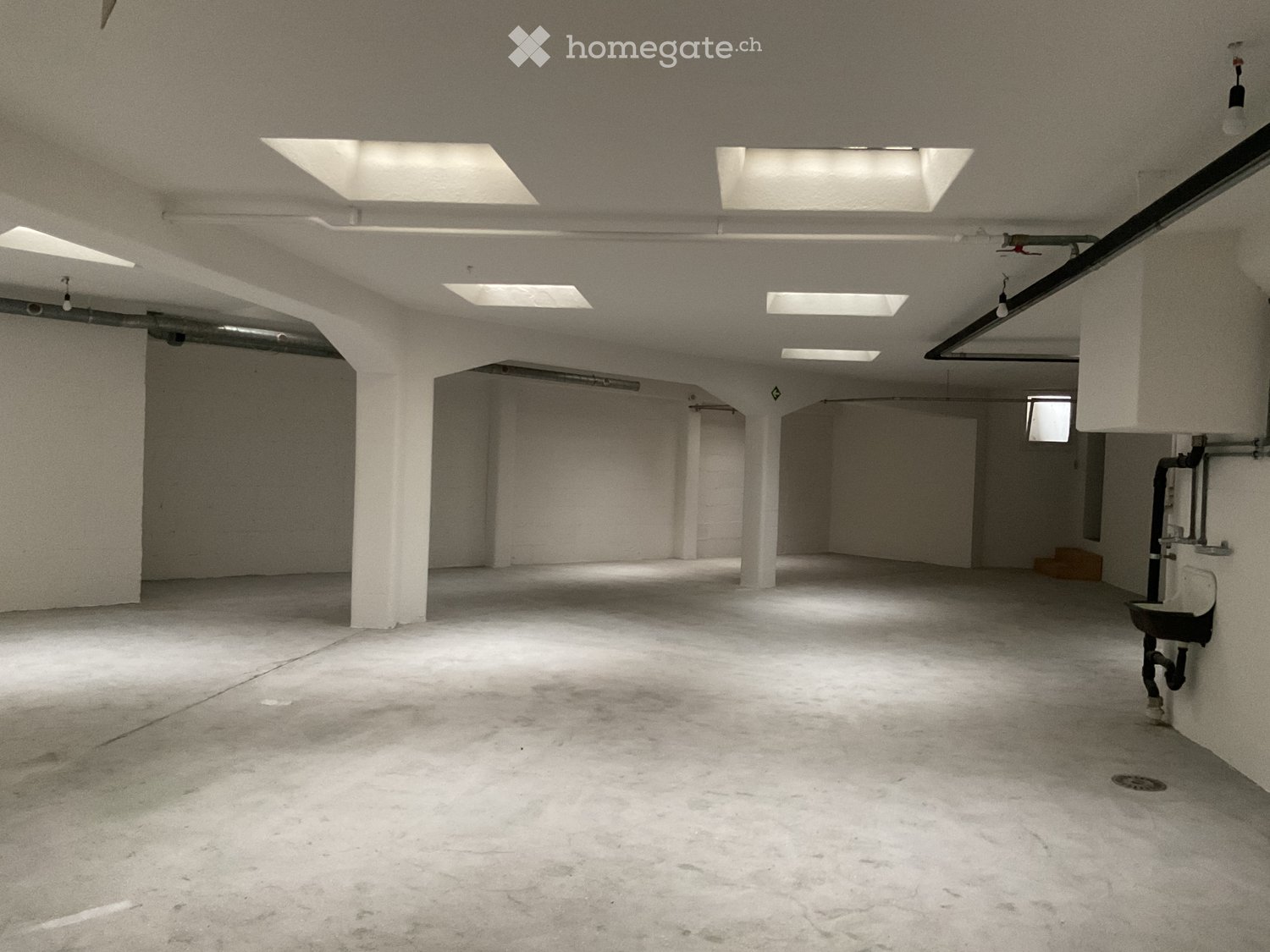 Empty underground parking space with concrete floors and walls, fluorescent lighting, and support pillars.
