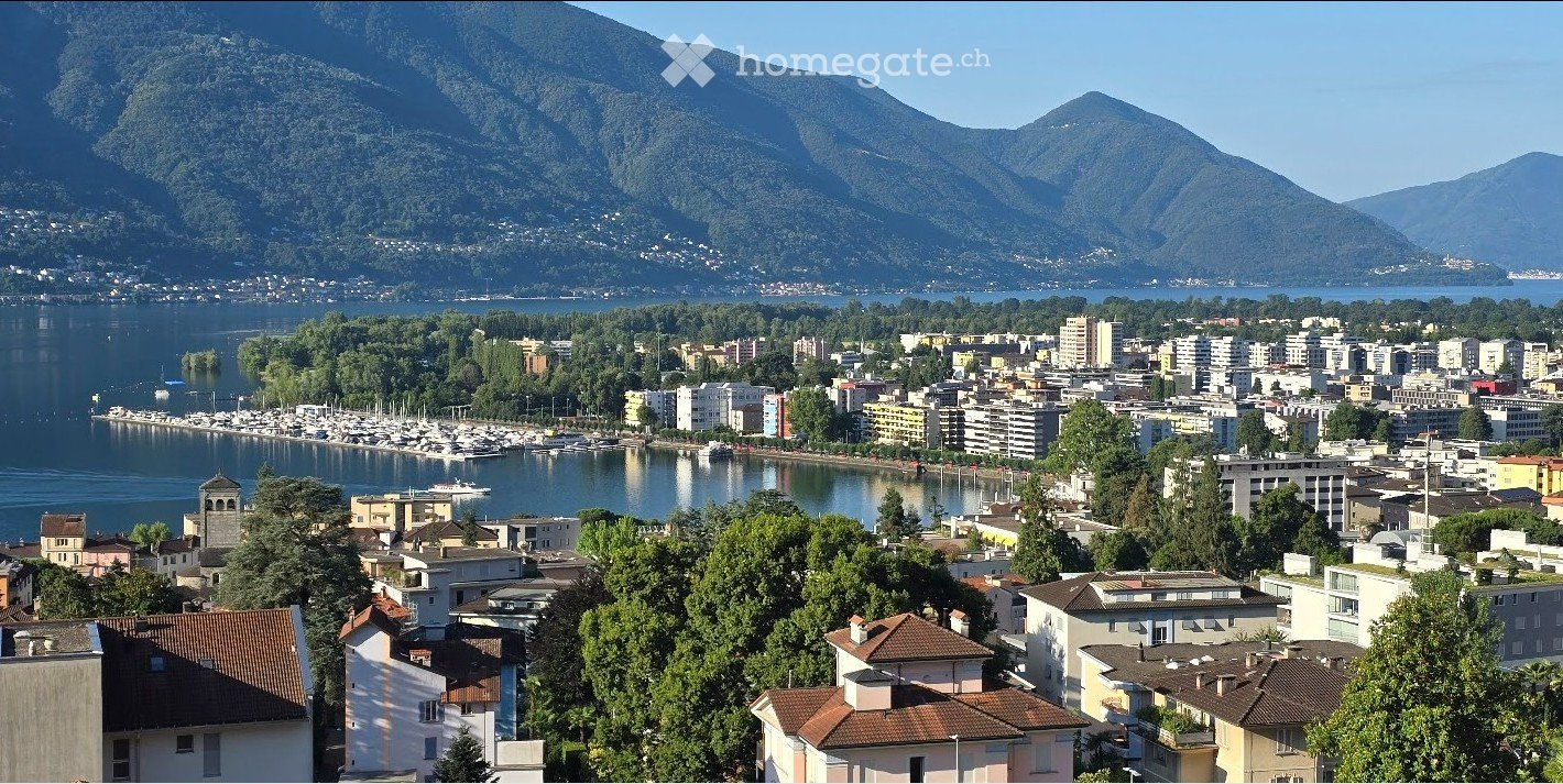 Aerial view of a city with many buildings, mountains, and a lake.