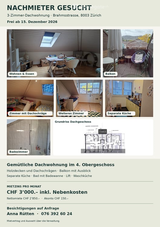 Charmante 3-Zimmer-Dachwohnung mit Balkon in Zürich-Wiedikon- Nachmieter gesucht