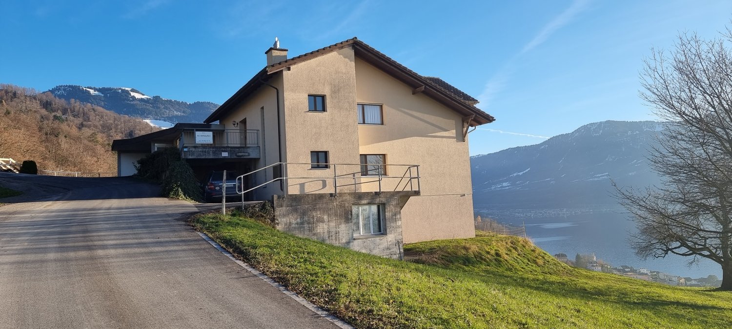 detached 3 story house with raised ground floor, green landscape, driveway, lake and mountain view