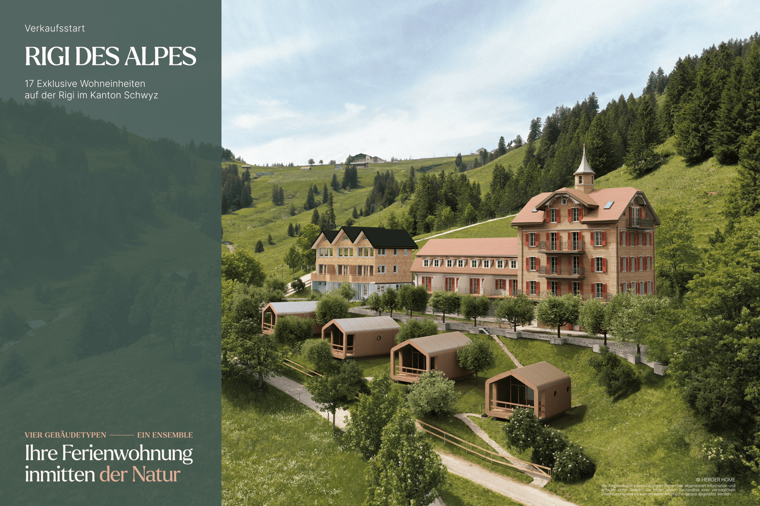 17 exclusive apartments on Rigi in the canton of Schwyz, large building with several wings, smaller wooden houses, green meadow with trees and walking paths