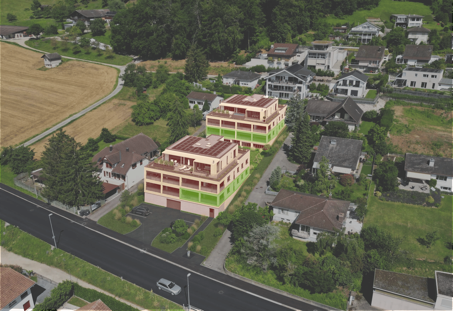 2 apartment buildings with raised ground floor and balconies