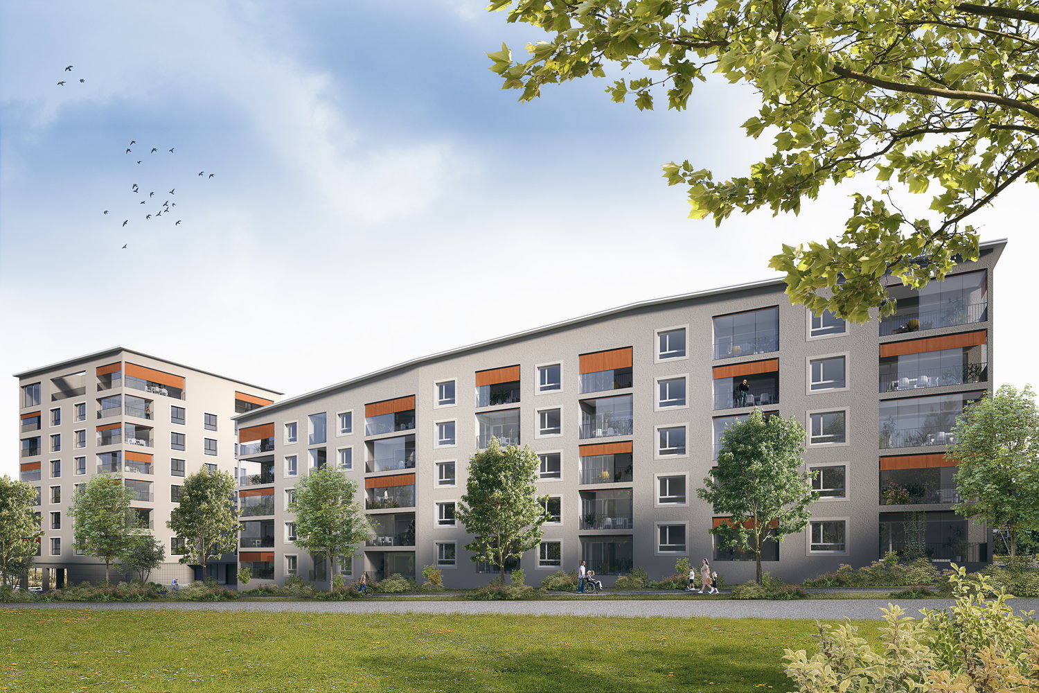 Modern apartment building with grey facade, large windows, and orange accents, featuring balconies, several floors, and lush greenery around.