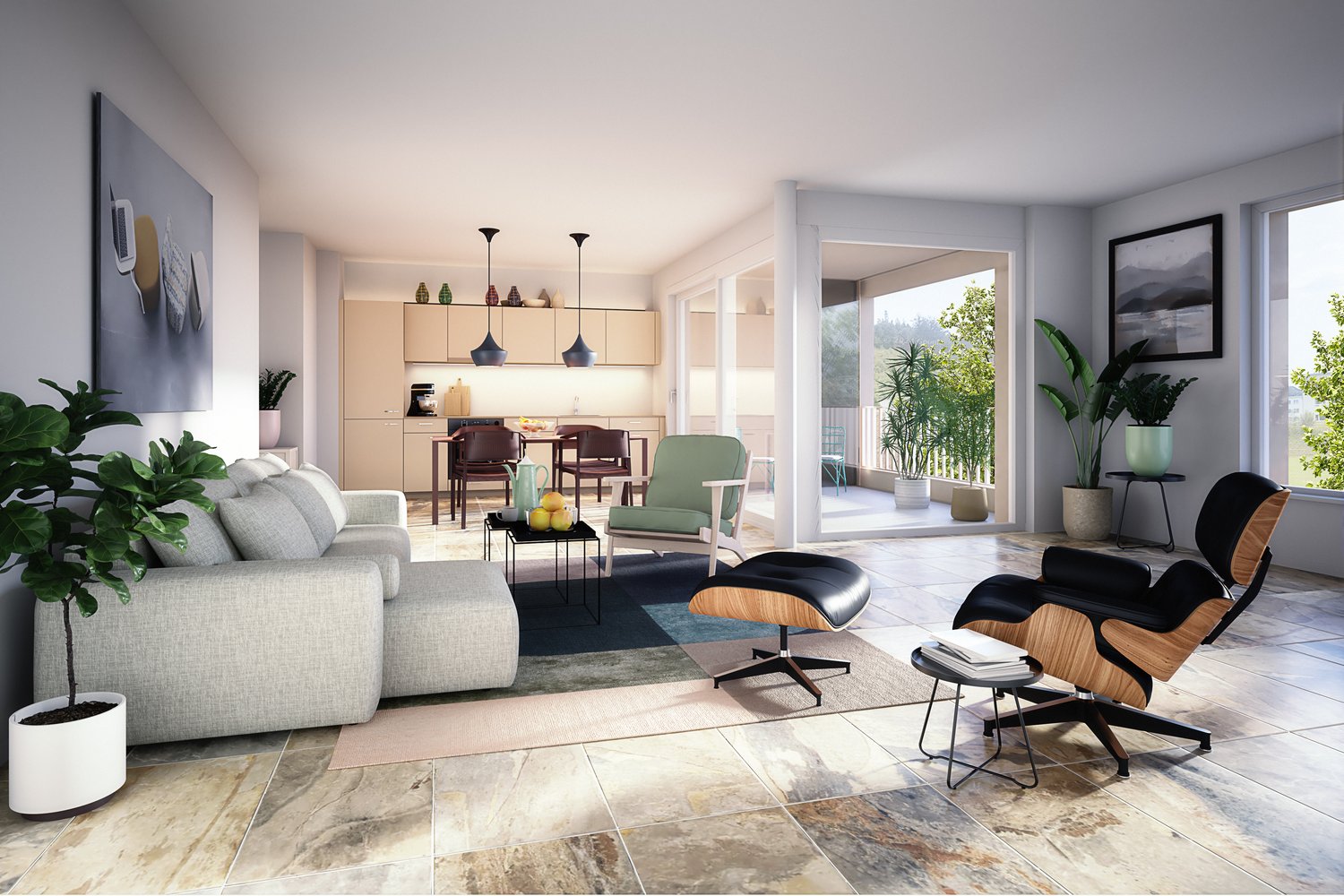 large sofa, two armchairs, coffee table, center table, potted plants, dining table, kitchen area, balcony