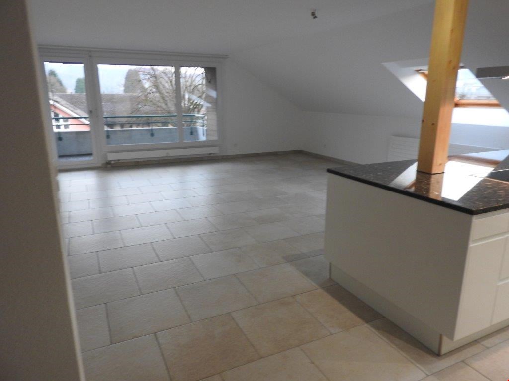 empty room, tiled floor, sliding glass doors, balcony, wooden beam
