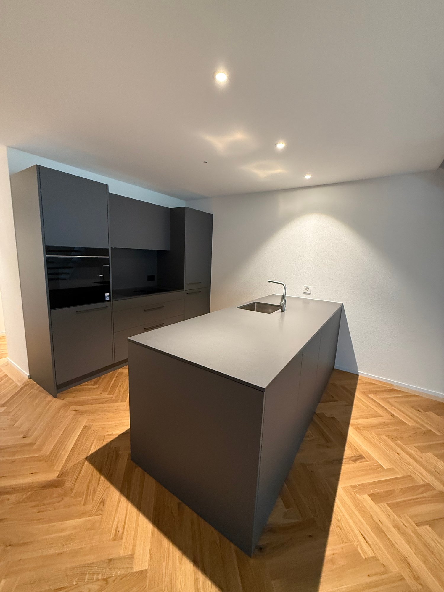 Modern kitchen, large island with integrated sink and faucet, built-in oven and dishwasher, wooden parquet flooring, sleek black cabinetry