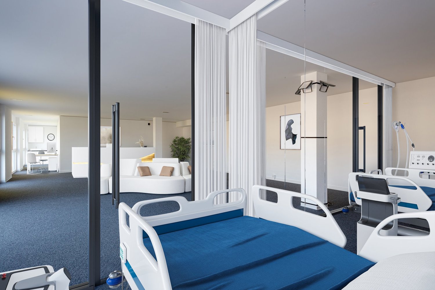 The image shows a modern and spacious hospital room with a comfortable-looking bed, white curtains, and various medical equipment such as an IV stand and a monitor. The room has large windows that provide natural light and a view, suggesting the presence