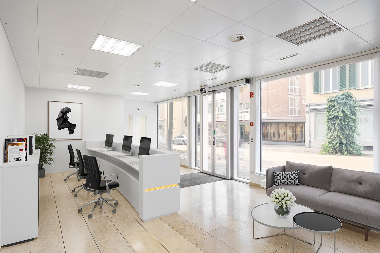 modern office with white walls, beige tiles, large windows, reception desk, office chairs, couch, coffee table, flower vase