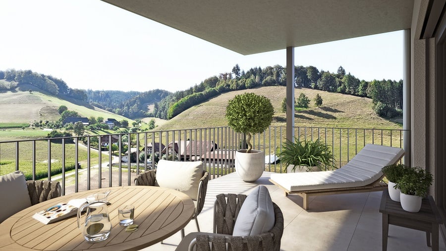 balcony with table and chairs, lounge, railing, plants, rural view