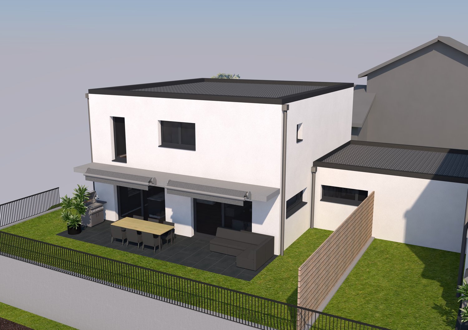 Modern white house with flat roof, awning over patio, patio with table, chairs, sofa, lawn, and fenced area