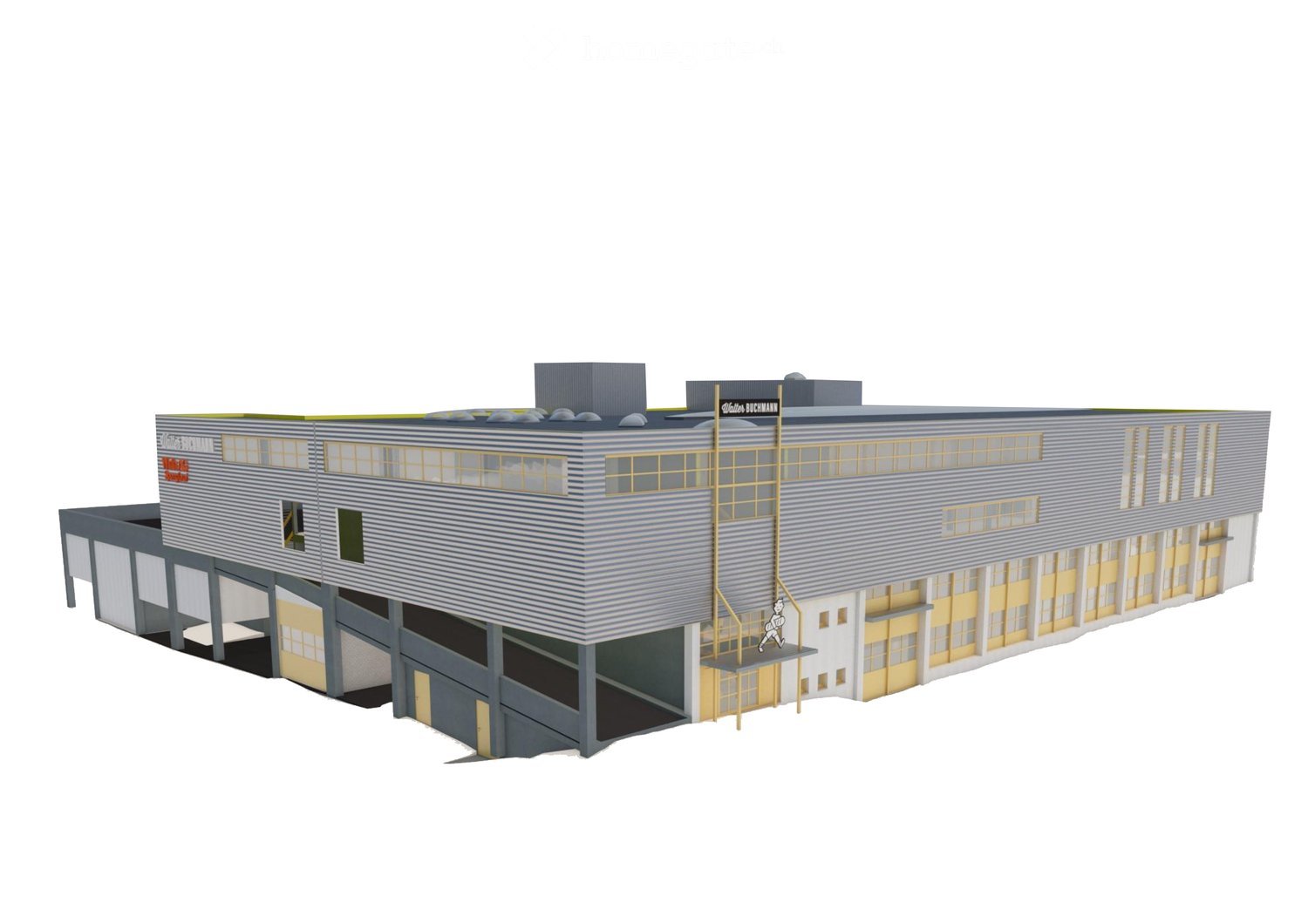 Industrial building, multiple windows, two entrances, yellow accents, grey exterior