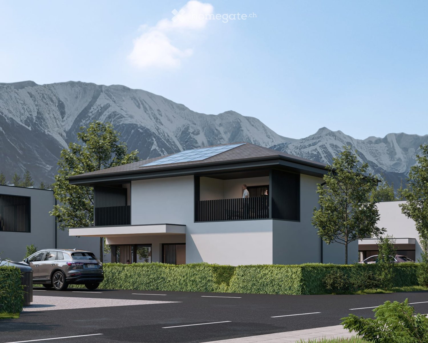modern two-story house, white exterior, brown roof, balcony, solar panels, garden, hedges