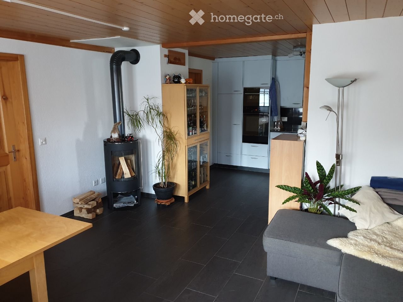 living room with fireplace, modern kitchen, grey couch, black floor, wooden table, potted plants
