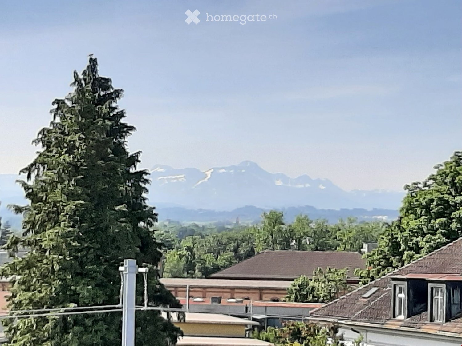 Mountains and buildings visible, large trees and houses