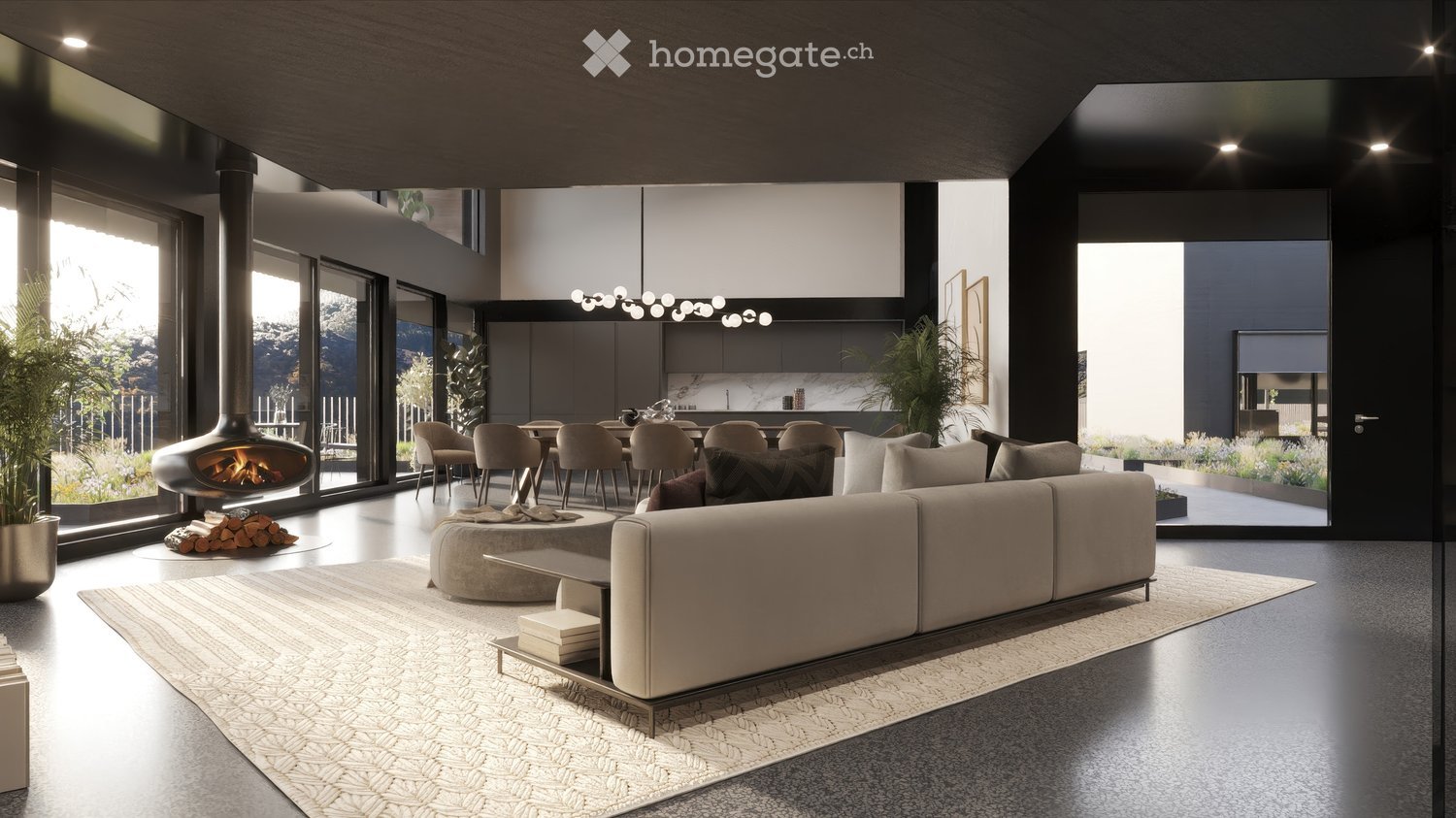 Fireplace, modern living room, dining room, sliding glass doors
