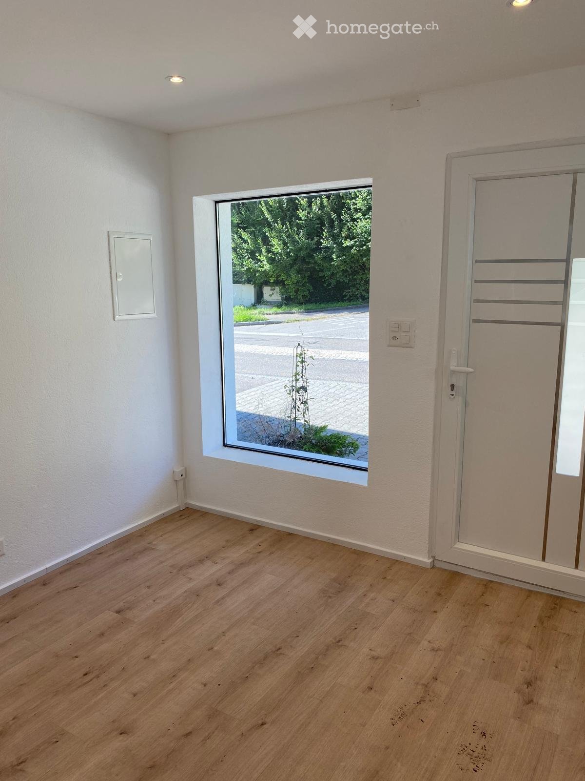 Empty room with white walls, wooden floor, a large window, a white door with a glass panel
