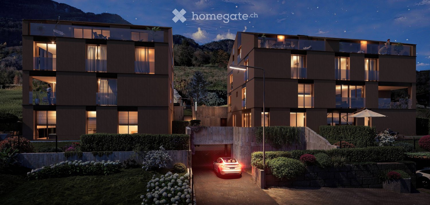 2 story house, brown exterior, multiple balconies, garage, garden, mountain view