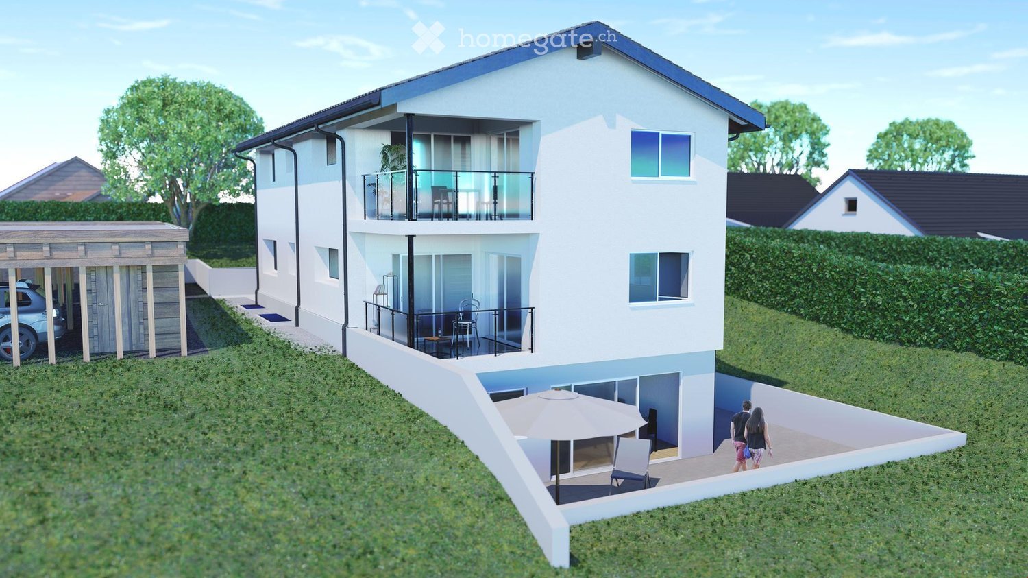 2 story house, white exterior, raised ground floor, balcony, carport, garden