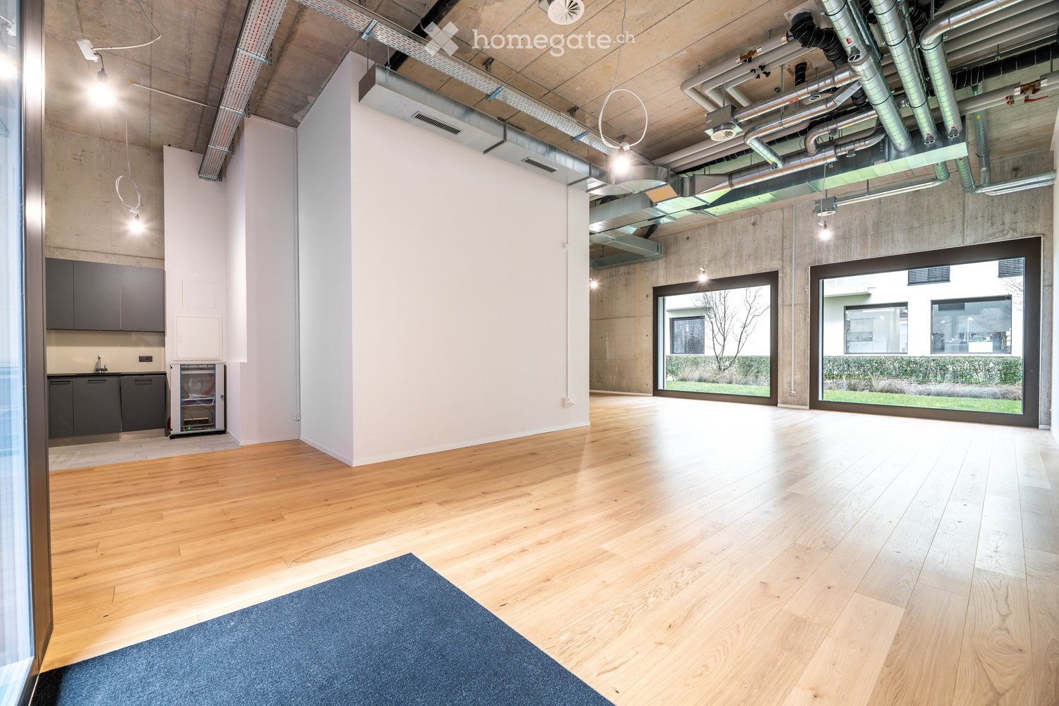large open space, hardwood floors, large windows, kitchen area with sink and refrigerator