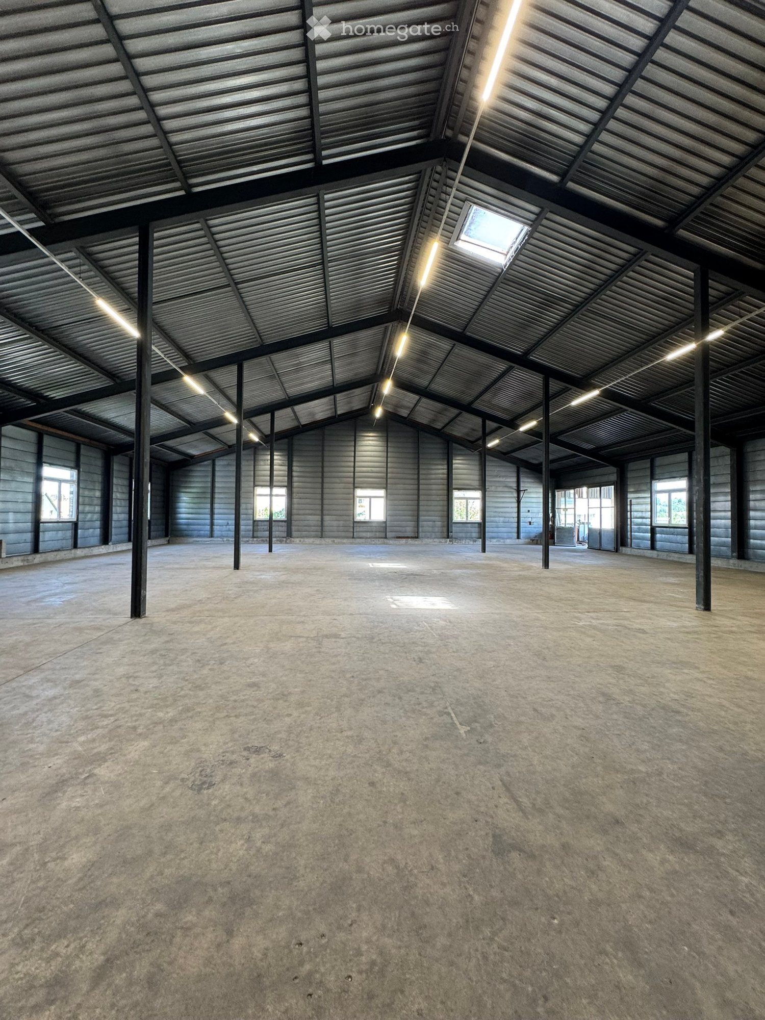 Empty industrial-style room with concrete floor, metal ceiling, and large windows, no furniture or equipment.