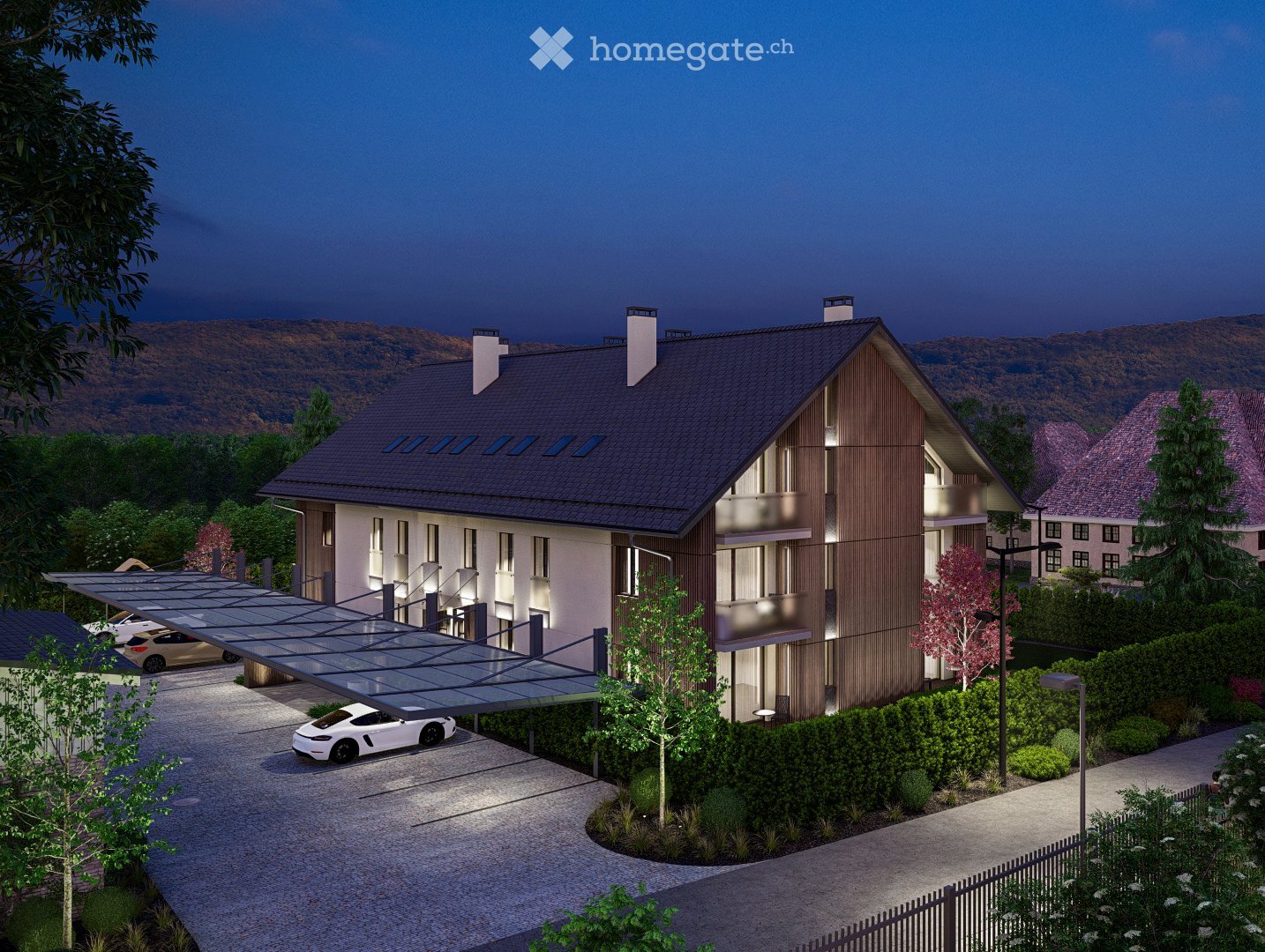 Modern house, 3 stories, brown roof, white walls, glass windows, covered parking, carport, garden, trees, mountains in the background