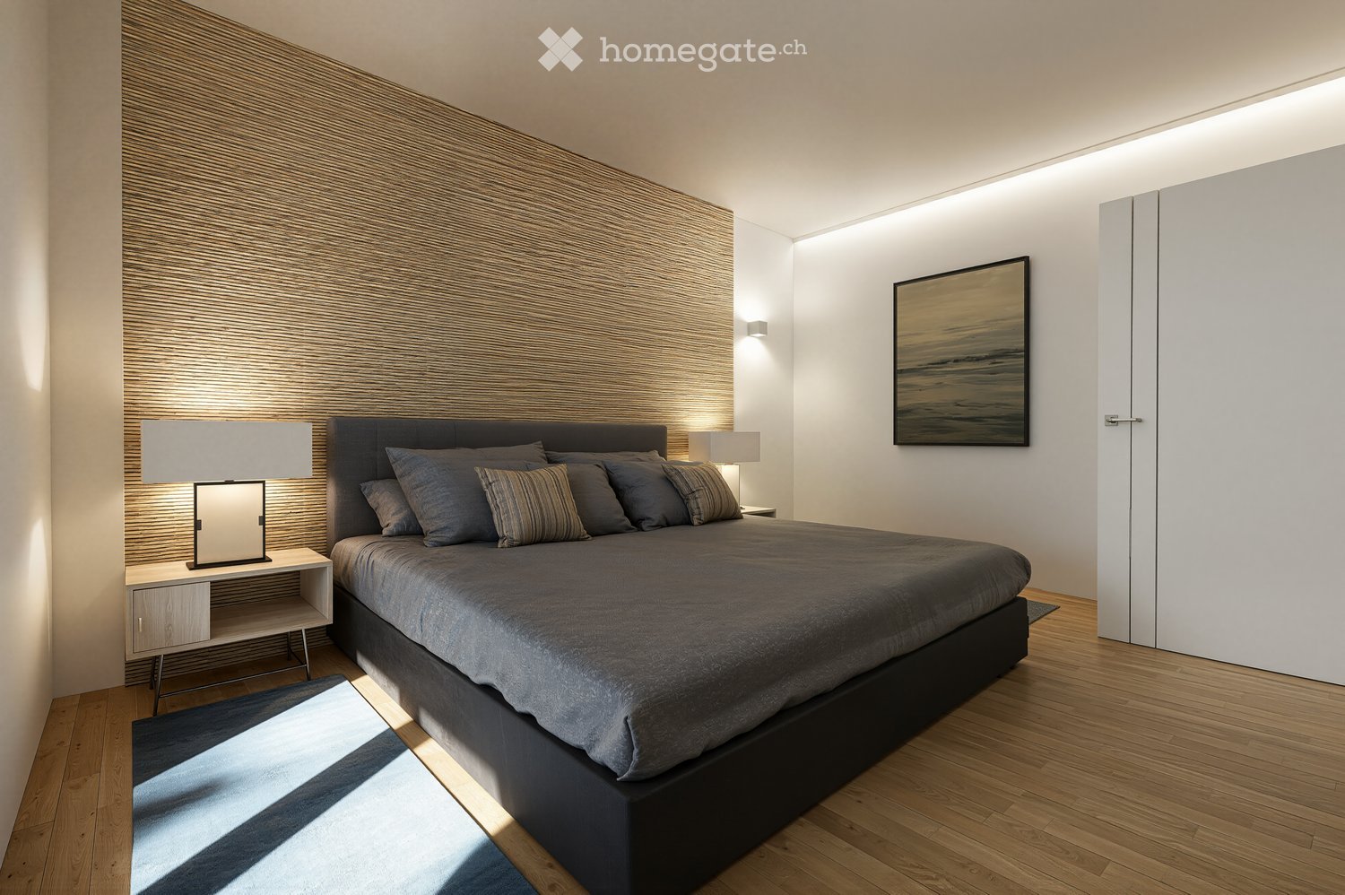 Modern bedroom with wooden floor, textured wall, bed, nightstands, lamps, rug, and artwork.