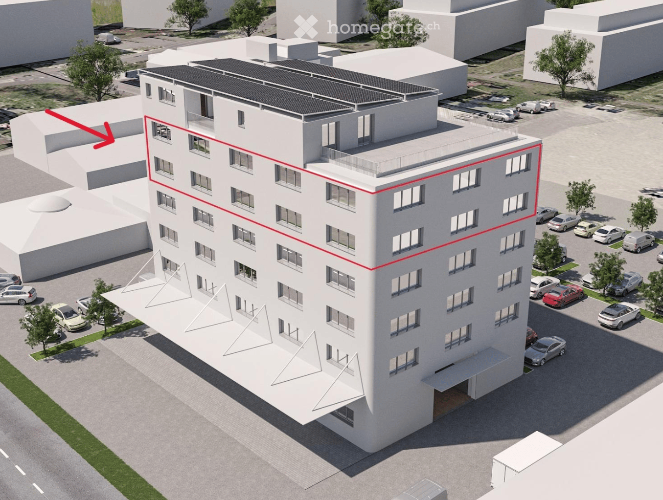 5-story building, white exterior, solar panels on the roof, multiple windows, balconies on upper floors, parking area with multiple cars