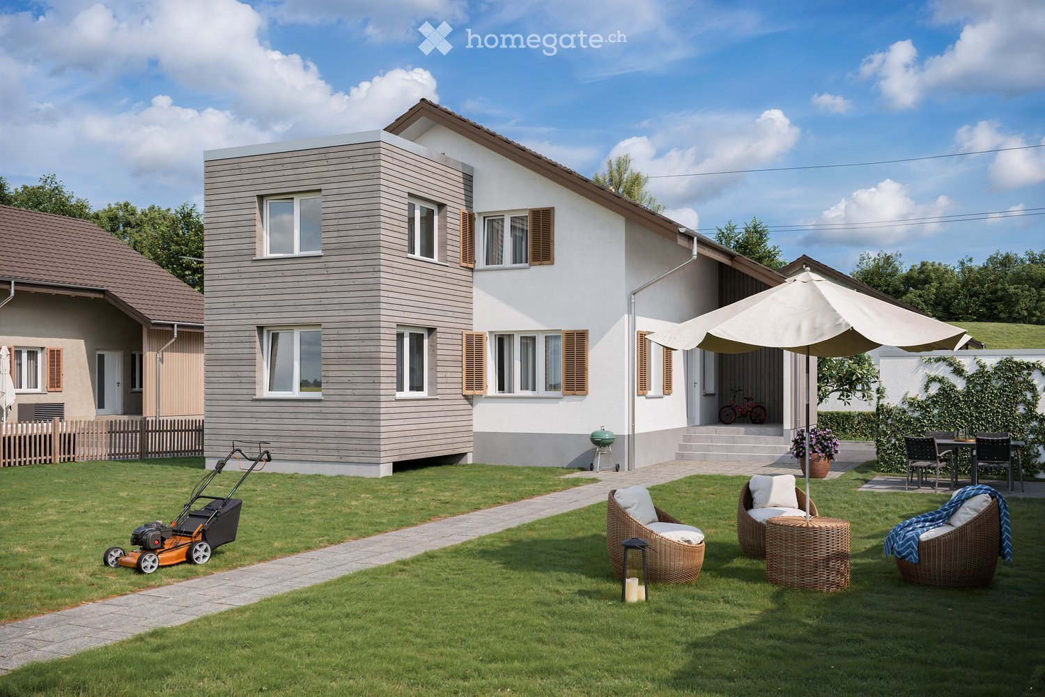 Garden / Outdoor Area. A modern two-story house with grey siding and brown shutters, surrounded by a well-maintained lawn, patio furniture, and outdoor umbrella.