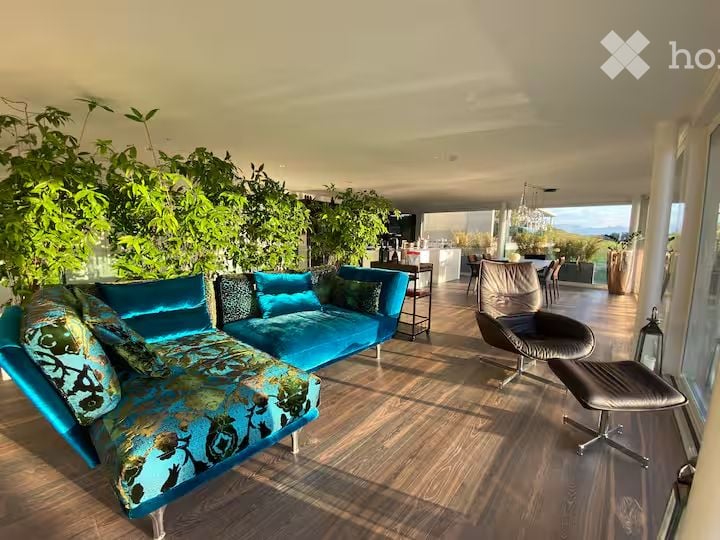 Furnished Room. Bright, modern living space with large windows offering a scenic view, featuring a blue sofa, matching cushions, a sleek chair, a small table, and a chandelier.
