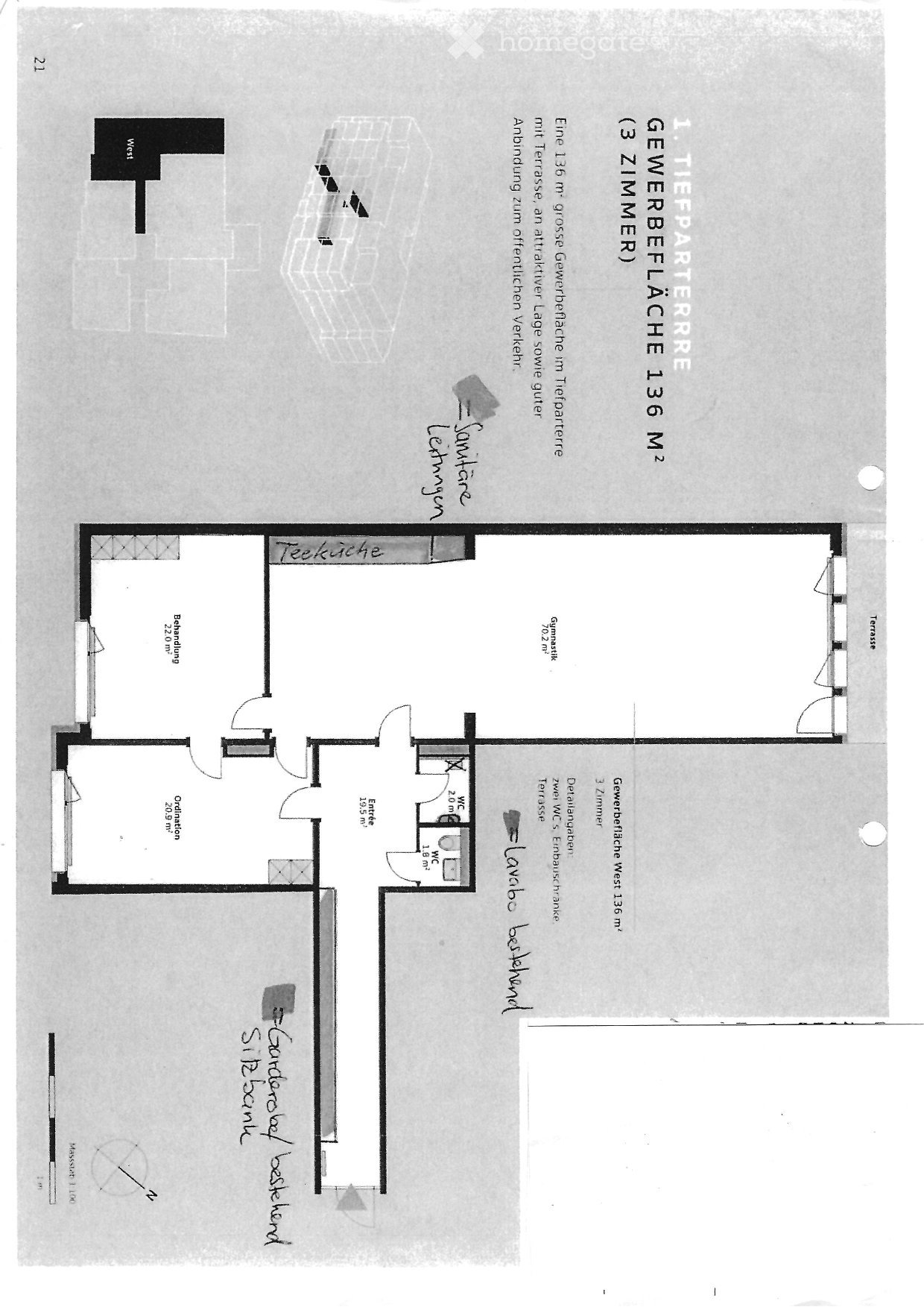 Floor plan showing a layout with a living room, kitchen, three bedrooms, two bathrooms, and a terrace.