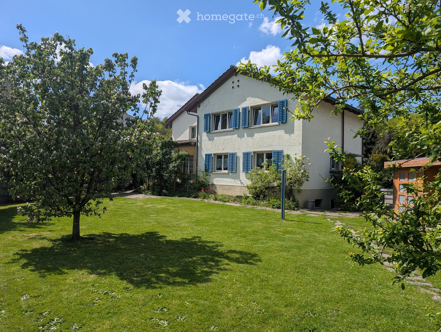 A well-maintained garden with a lawn, trees, and a two-story house with white walls and blue shutters in the background.