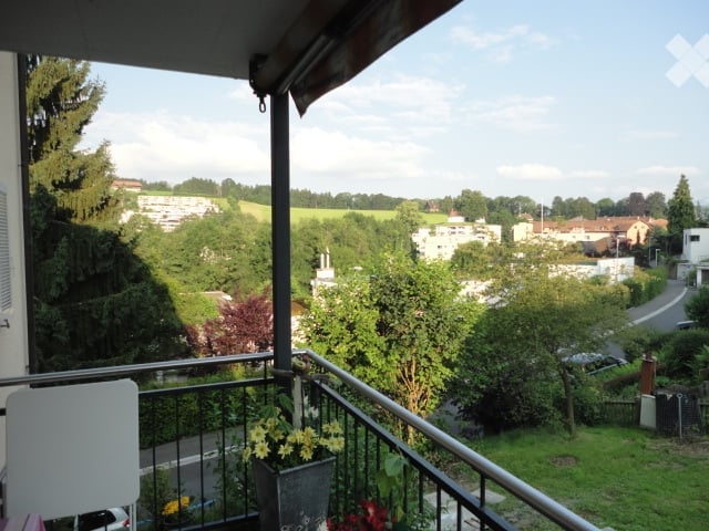 Balcony with metal railing, potted plants, and a view of a suburban neighborhood with trees and buildings.