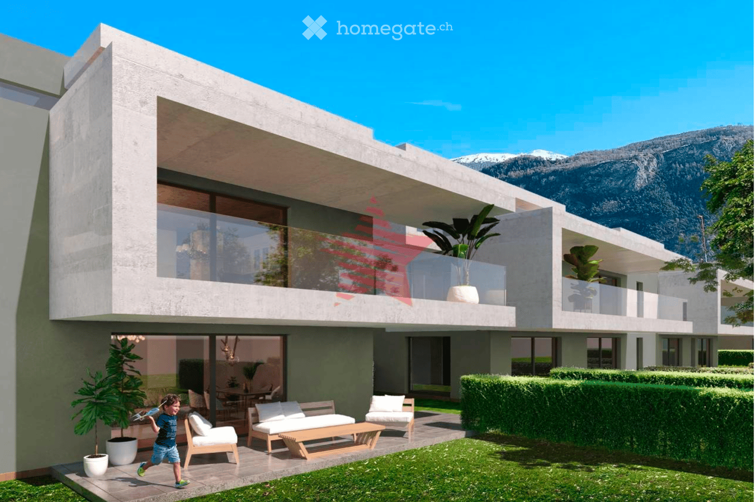 Modern two-story house with large windows, balconies, and a well-maintained garden area with lounge chairs and a small seating area.