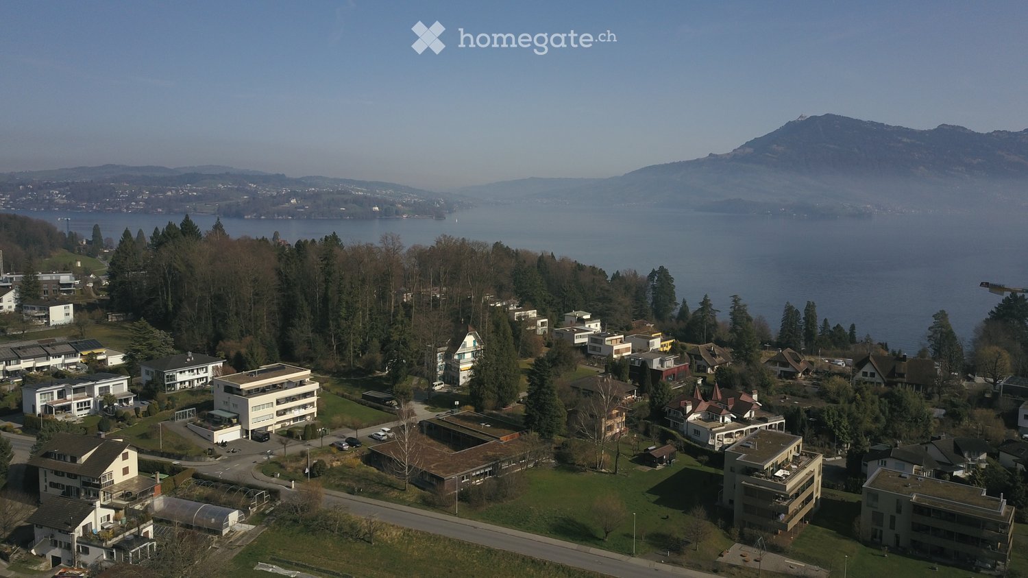 Aerial view of a residential area with multiple buildings, surrounded by trees and a lake in the background.