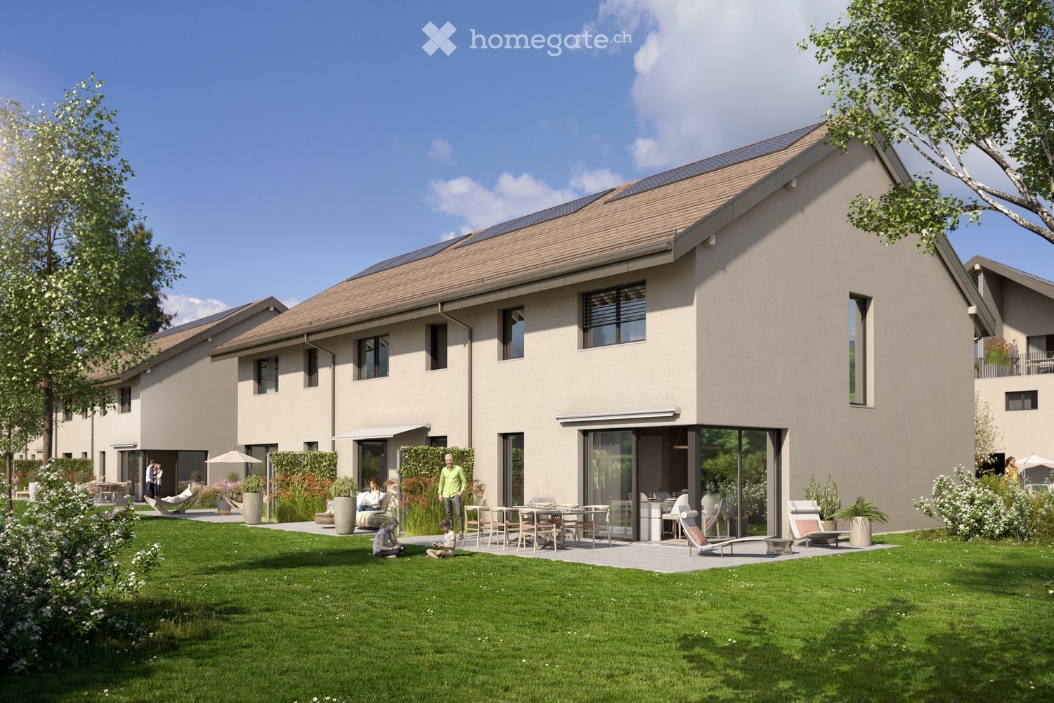 Modern house with solar panels, large windows, terrace, garden, and a swimming pool